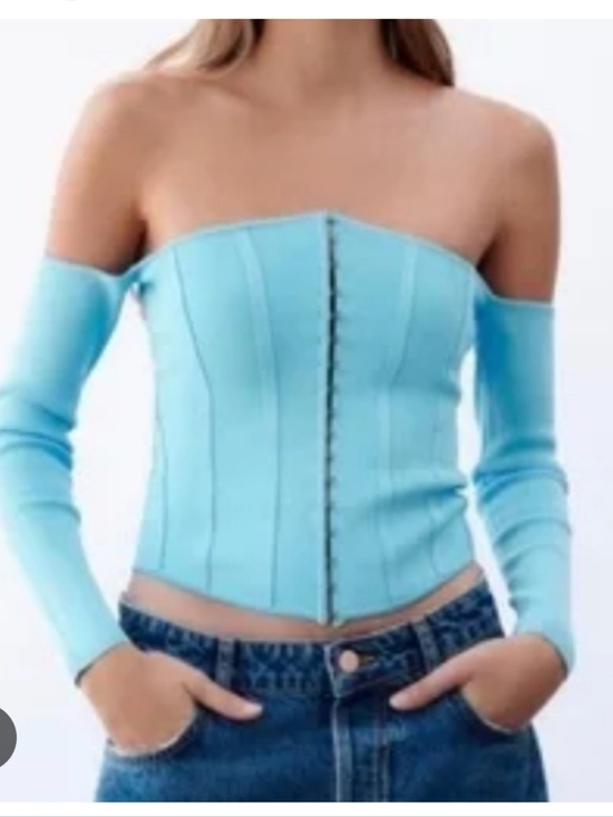 Zara Tops - ZARA | Blue Knit Bustier Corset Top Attached Sleeves Size S